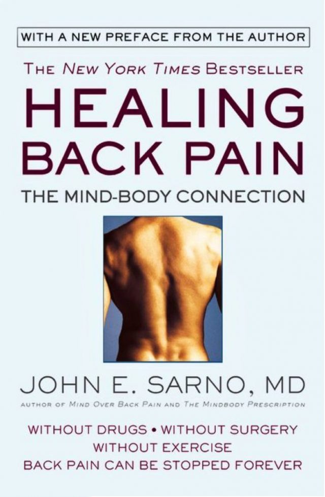 Cover image for Healing Back Pain by John E. Sarno. It's not that exciting, just a blue background with a photo of a rather muscular male back.