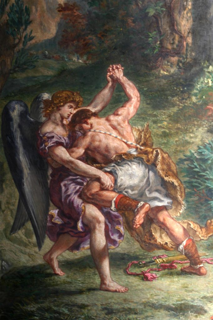 A rather dramatic fresco of the angel wrestling with Jacob and grabbing his thigh.