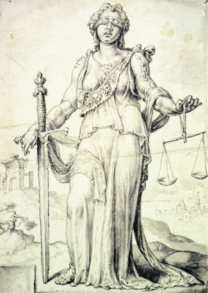 A line drawing of a blind Lady Justice, holding a sword in her right hand and scales in her left.
