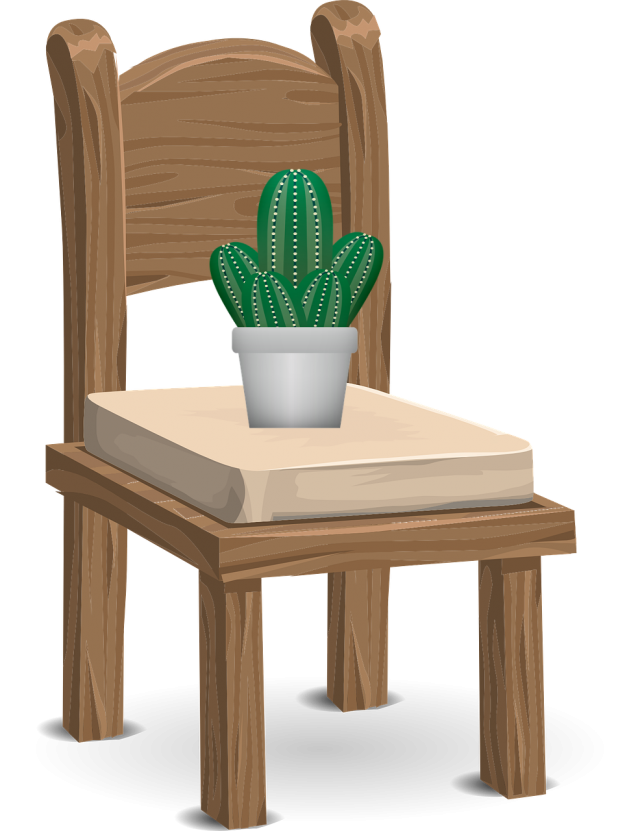 A cartoon of a wooden chair with a potted cactus on the seat. For someone with a sitting disability, all chairs are painful.