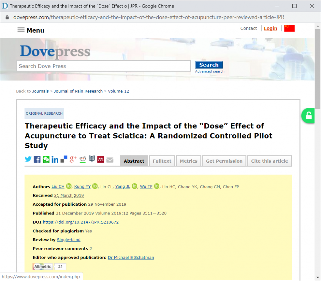 A screenshot of a scientific article. There is a green unlocked symbol in the top right of the screen generated by the Unpaywall extension. It shows that there is a free version of the article available.