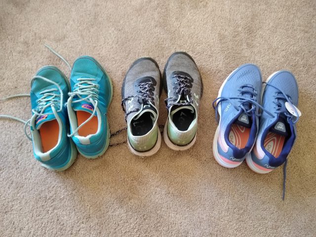 My three pairs of tennis shoes, arranged according to age.