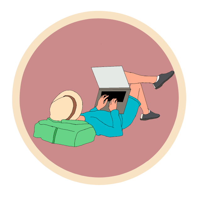 An illustration of a person laying down with their head on a pillow, using a laptop.
