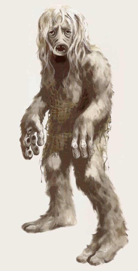 A charcoal drawing of the M-113 creature. Its a weird, furry creature, with long hair, a droopy face, and suction pads on its abnormally long fingers.
