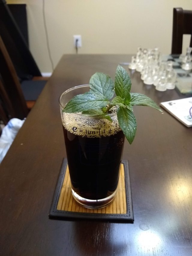 A glass full of a revolting-looking brown liquid. There is a sprig of mint sticking out the top, which really gussies up the whole drink.