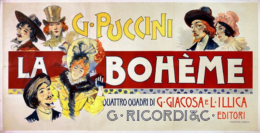 An old poster for a performance La Boheme, by Puccini. The characters appear as Victorian illustrations. Several characters in La Boheme died of tuberculosis, which became AIDS in Rent.
