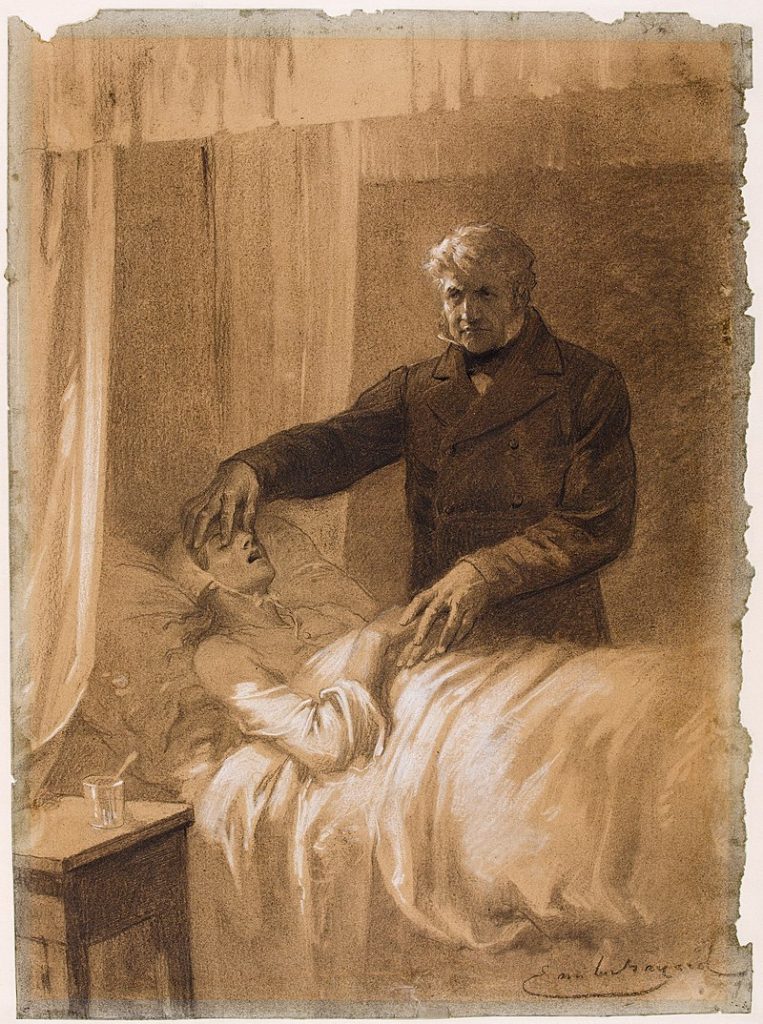 A sepia illustration of Fantine's death from Les Miserables. Fantine lies on her deathbed in the home of Jean Valjean. A glass of medicine is beside her on the nightstand. Jean Valjean stands stoically above her, and closes her eyes. He really is being pretty creepy, now that I think about it.