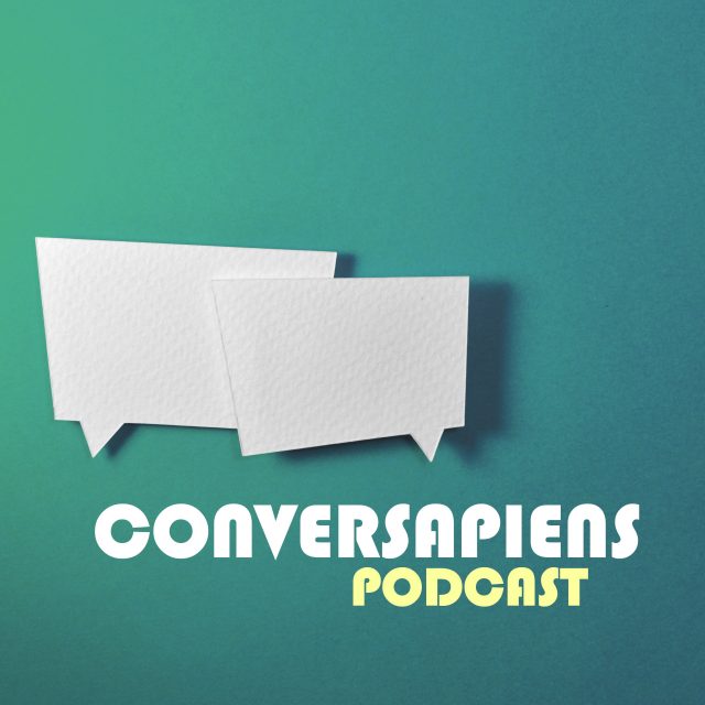 The ConverSapiens podcast logo. It's not super fancy or anything; it's just a green background with two empty speech bubbles. "ConverSapiens Podcast" is written on the bottom.