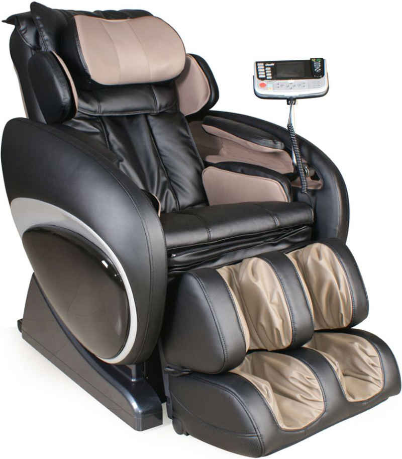A photo of a fancy massage zero-gravity chair. It's upholstered in black and brown. There's an electronic doodad coming out of the left arm. There are serious massage components visible where the neck and legs would go.