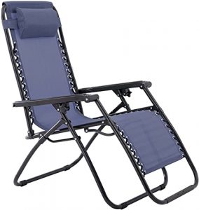 A zero-gravity chair made for outside use. It's a simple wire frame with mesh upholstery. It's not reclined, and it looks like a standard lawn chair.
