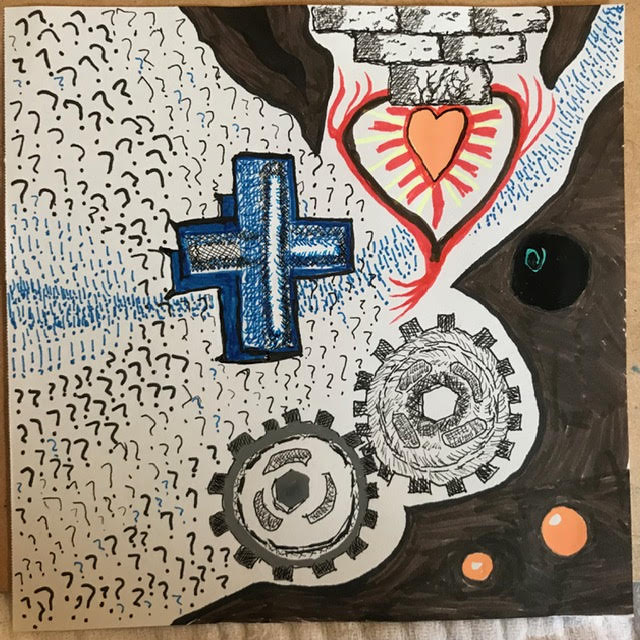 This drawing shows a large blue cross (guess what Lisa's insurance provider is) swimming in a sea of question marks. It's moving toward a fiery heart, which is shaped somewhat like another female body part, and two turning gears.