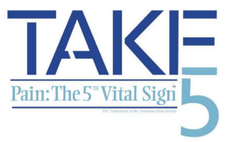 The logo for the VA's Pain: The 5th Vital Sign campaign. There's no picture, and the text reads, "TAKE 5. Pain: The 5th Vital Sign." I'm not sure if "TAKE 5" refers to pain, or the five minutes it took to make this logo.