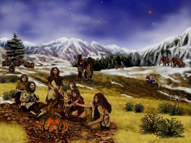 A painting of a prehistoric family of Neanderthals gathered around a fire. There are at least 8 people, but they're all so scruffy that it's hard to tell their age or gender. One of them has a beard, so I take it he's the daddy Neanderthal. In the background, there are mammoths, and saber-tooth tigers, and other prehistoric animals that I can't make out.