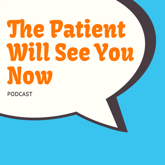 The logo for "The Patient Will See You Now" podcast consists a blue background, and a speech bubble with the show title written inside.