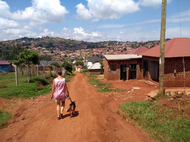 In this photo, Julie walks her dog, Ellie, down a red dirt road in Kampala, Uganda. The red-roofed buildings of the city are visible on a distant hill.