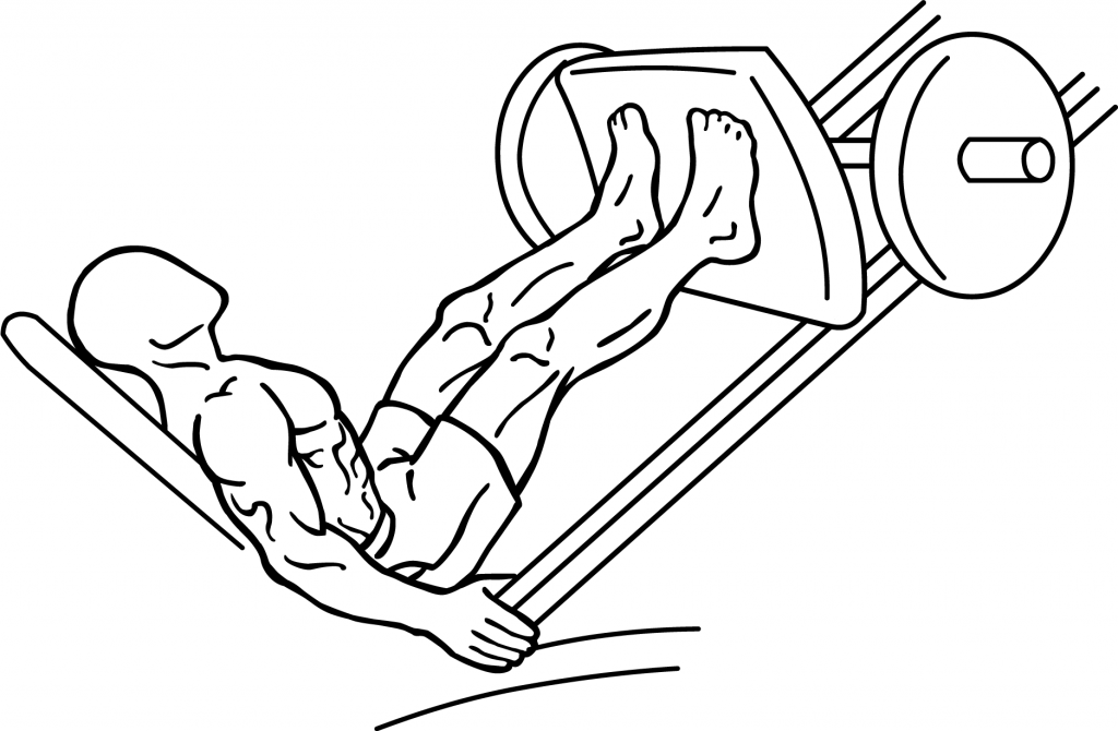 A line drawing of a man at a seated leg press machine. The chair is at about a 45 degree angle from the floor. The person's feet are pressed against a platform, which is attached to weighted barbells. The person lets the platform fall toward him, and then (if he hasn't messed up) pushes it up again with his legs. This is terrible for your back.