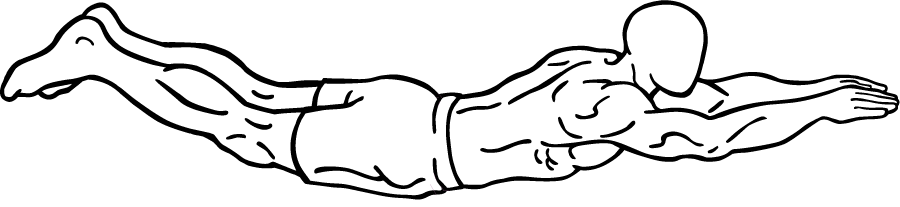 A line drawing of a man doing the superman exercise on the floor. He's lying on his stomach, while raising his arms in front of him and his legs behind him. This would look cool if he WAS Superman, and did this pose in the air, but when a person does it for real, they just roll around on their belly. So it's not THAT amazing, really.