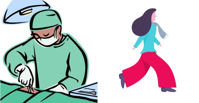 Two illustrations side-by-side show a surgeon cutting into someone (he appears to be holding a scissors; I'm not sure how many real surgeons would approve), and a woman with big hair and big pants walking. It's admittedly not the best picture, but I assure you that it's better than what you find if you search "microdiscectomy" in Google images.