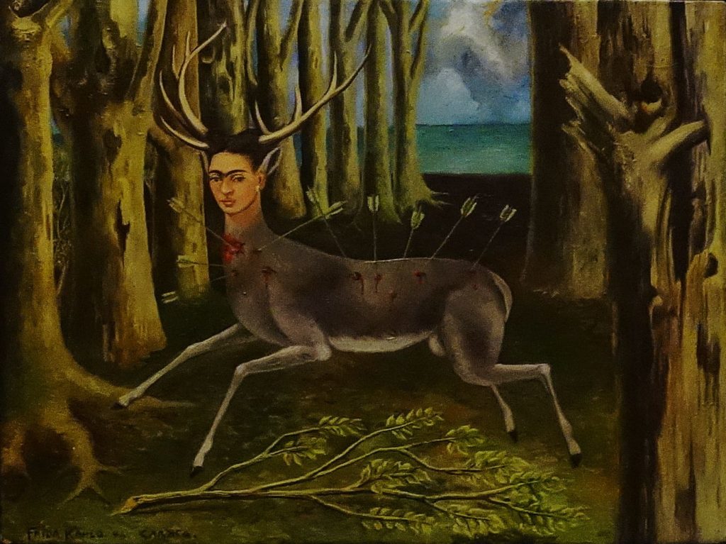 In The Little Deer, Frida Kahlo painted her head on the body of a deer which is bounding through the forest. Nine arrows pierce the deer, and blood drips from the wounds.