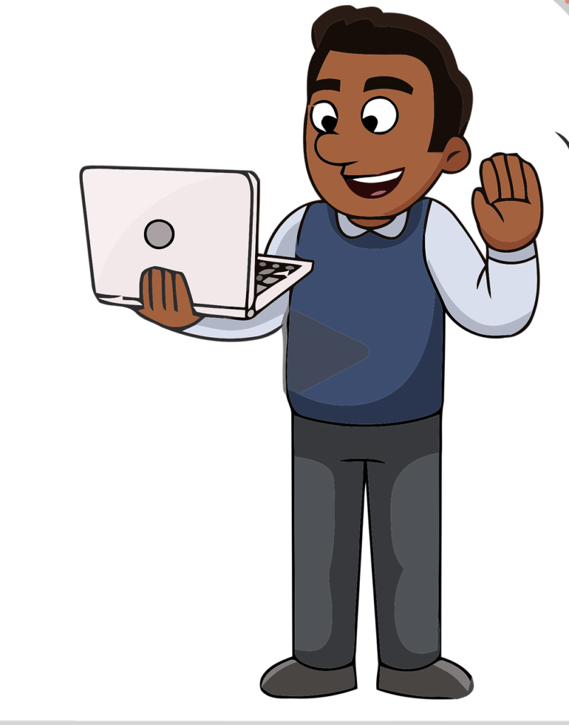 This stock art illustration shows a man in a sweater vest and trousers on a video call. He's holding his computer in his right hand, and is waving at the screen with his left hand.