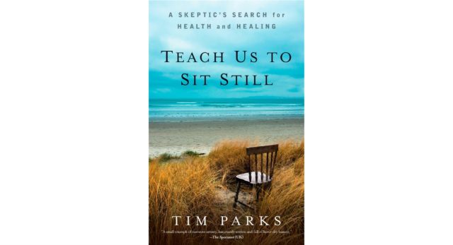 The cover image for "Teach Us to Sit Still: A Skeptic's Search for Health and Healing," by Tim Parks. The subtitle is written at the very top in small type, with the title in larger type just below. At the bottom is written "Tim Parks," and below that is a blurb that says, "A small triumph of narrative artistry, luxuriously written and full of bone-dry humor. - The Spectator (UK)." The photo shows a wooden chair placed among the scrubby plants on a beach. The water and sky are both a dusky blue. It really does scream "meditation."