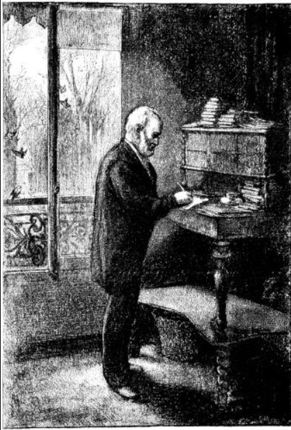 This 1881 illustration shows Victor Hugo standing and writing. There is a window off to his left. Hugo, who born in 1802 and was getting old, has a white beard and white hair. He wears a dark coat and pants. His desk looks like a standing version of an old-fashioned secretary desk. There are lots of little wooden drawers above the writing surface, and the wooden legs are carved and spindly-looking.