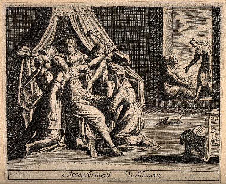 This line engraving shows Alcmene, who does not look all that pregnant, attempting to give birth to Hercules. Alcmene is surrounded by four attendants, though everyone knows that a midwife isn't of much help when the queen of the gods is against you. In the background on the right, there is a doorway. One figure sits there, while another leans over to speak to her. There wasn't a lot of context given for this drawing, so I couldn't say which version of the myth is depicted in this drawing.