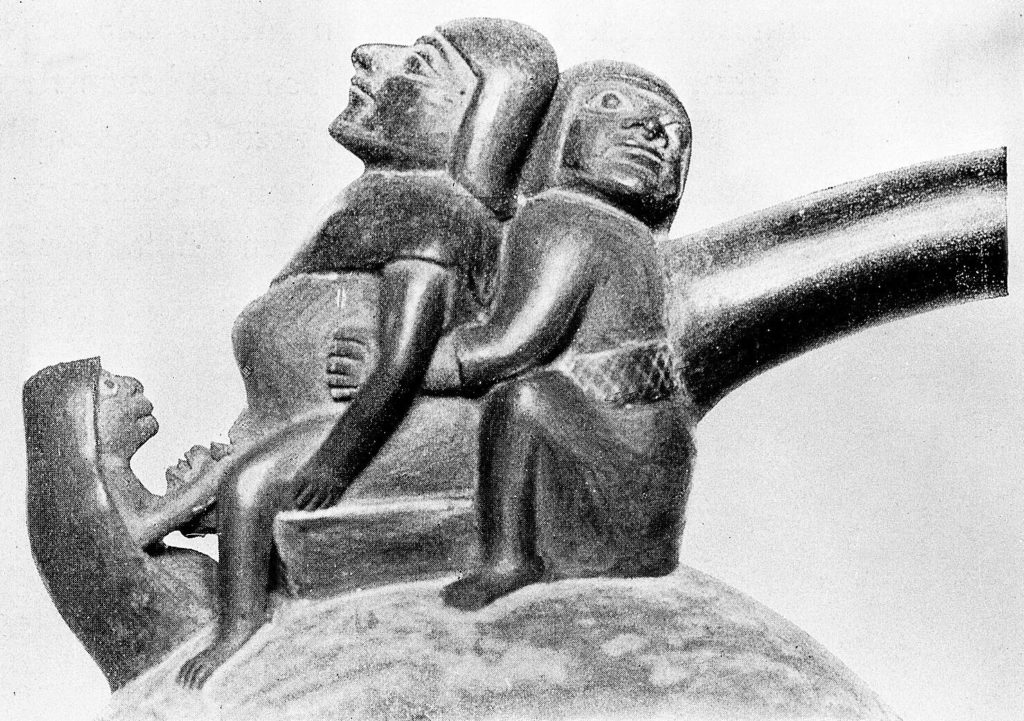 This black-and-white photo from 1912 shows a piece of pottery from pre-Columbian times in Peru. It shows three and a half figures. The central figure is a mother, sitting down, and facing to the left. Between her legs, a baby is crowning (that's the half-figure). To the left of the mother, a figure, presumably a midwife, kneels to catch the baby. On the right, a third figure squats with her arms around the mother, supporting her.