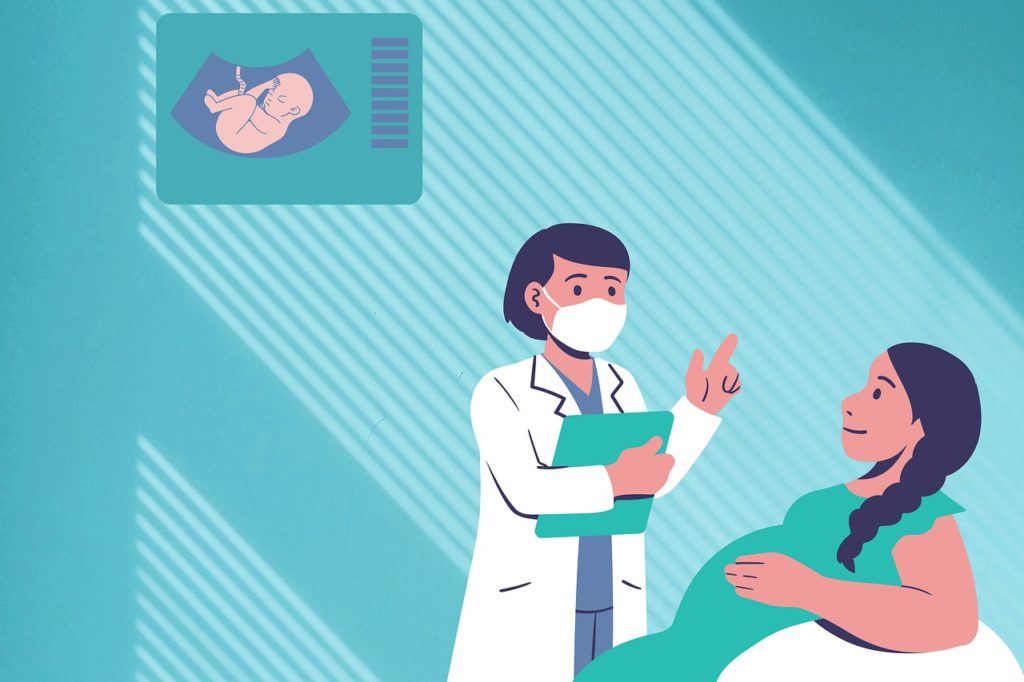An illustration showing a doctor, who is wearing a mask and carrying a clipboard, talking to a pregnant woman, who is reclining on...a bed? Maybe? A diagram showing a fetus is posted on the wall behind them. It's actually a little creepy, like the fetus is hovering over them.