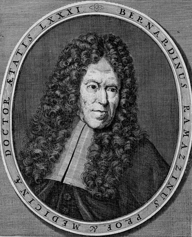 A black-and-white engraving of Bernardino Ramazzini, from his book, Diseases of Workers. Ramazzini has a craggy face, and wears a voluminous, curly wig.