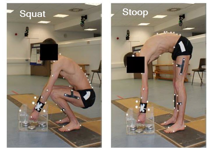Two photos side-by-side illustrate the difference between squatting (keeping the back straight, while bending the hips and knees) and stooping (keeping the hips and knees straight, and bending through the spine).