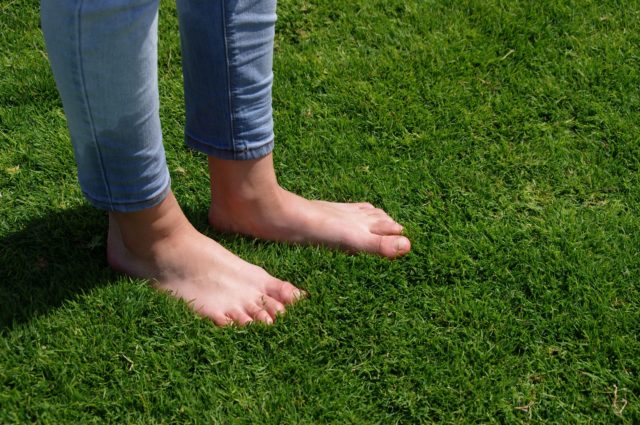 A photo of a person with bare feet standing in lush green grass. The person, who I assume is female, is only visible from the calves down. She's wearing jeans and no socks.
